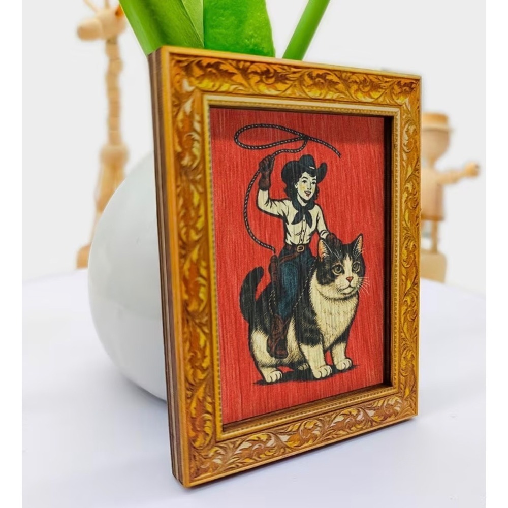 Cowgirl Cat Magnet Small Red Gold Kitsch Cowboy Western Art New